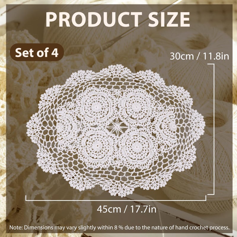 kilofly Crochet Cotton Lace Placemats Doilies 4pc, Oval, White, 11.8 x 17.7 inch - Image 3